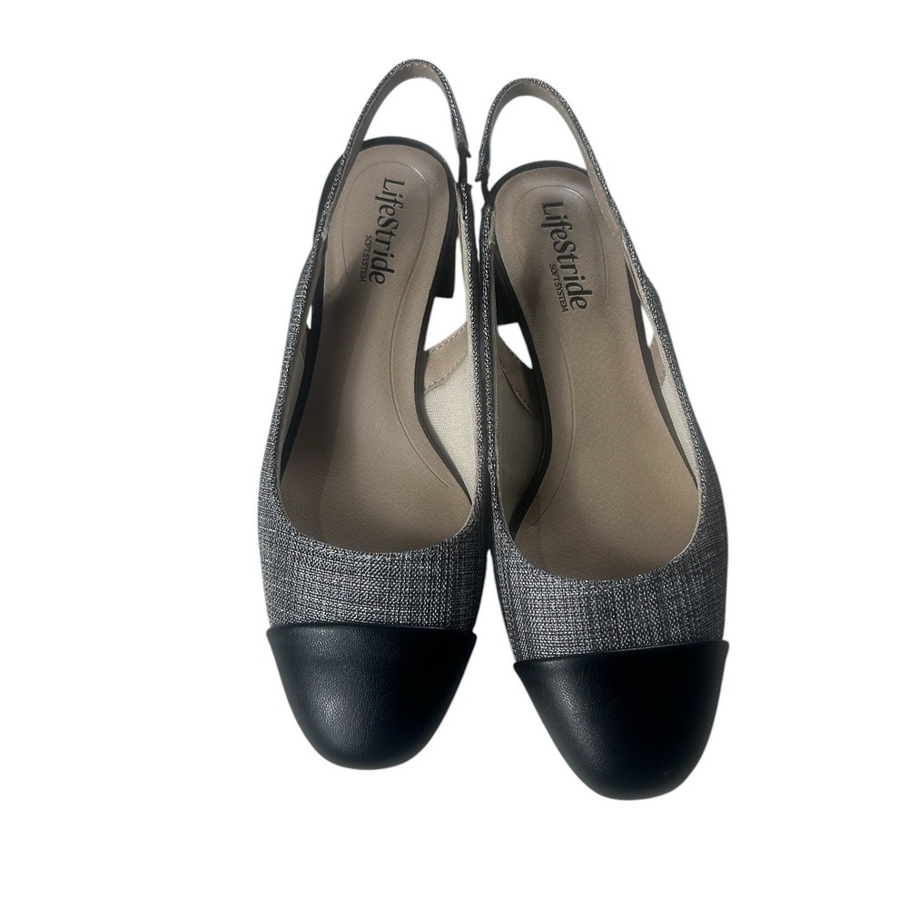 LifeStride Becoming Silver Black Cap Toe Slingback Block Heel Pumps Men 6.5M NEW